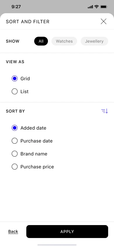 Sort and filter panel with All, Watches and Jewellery options