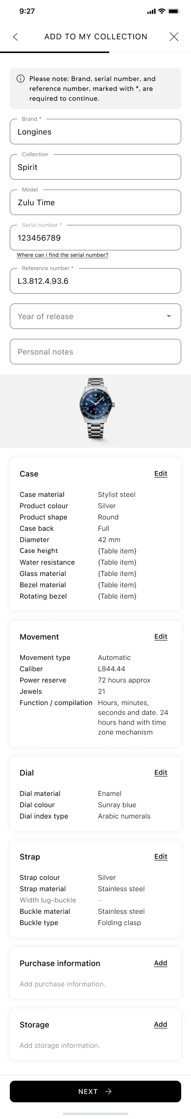 Full add-a-watch form, collapsed specification sections