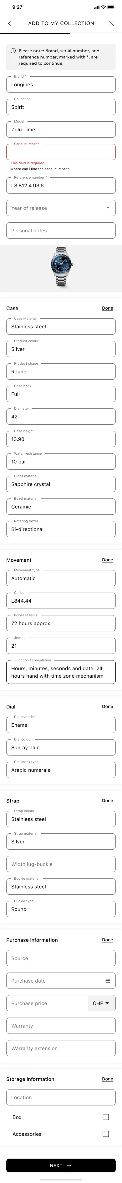 Full add-a-watch form, expanded specification sections